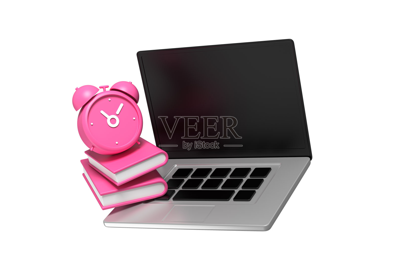 笔记本电脑，书和闹钟。回到学校。在线学习。教育的概念。该在办公室工作了。卡通创意设计图标孤立在白色背景。三维渲染照片摄影图片