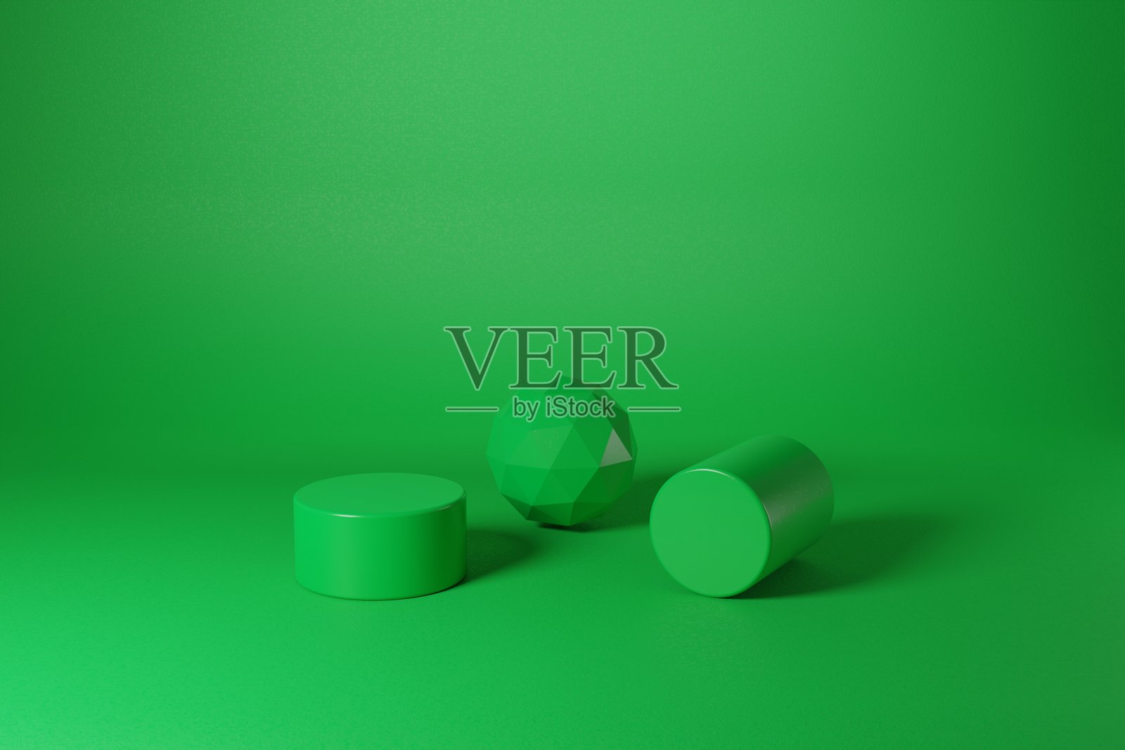 绿色的几何图形。带有简单几何元素的3d渲染场景。抽象的单色产品讲台背景照片摄影图片