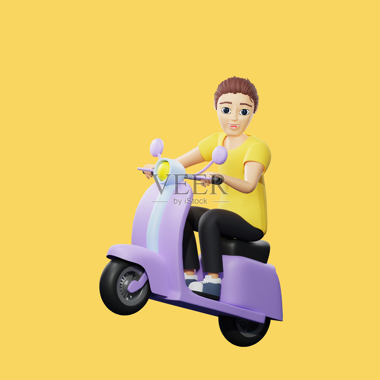 光栅插图的人骑着一辆踏板车。穿黄t恤的年轻人骑摩托车后轮骑，送货，运输，速度，交通规则。商业3d渲染艺术品照片摄影图片