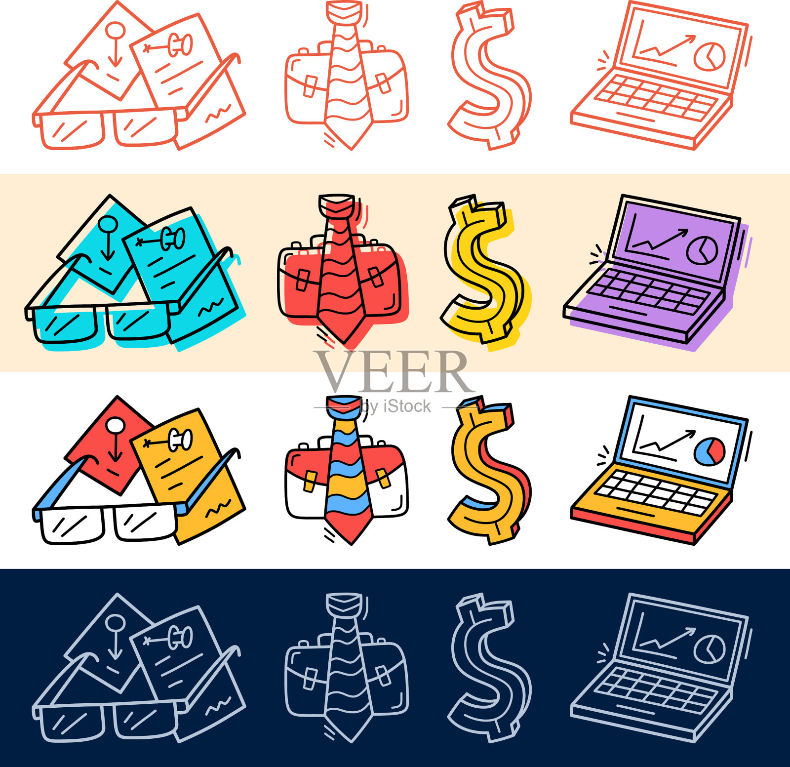 手绘业务美元工作电脑图标集图标素材