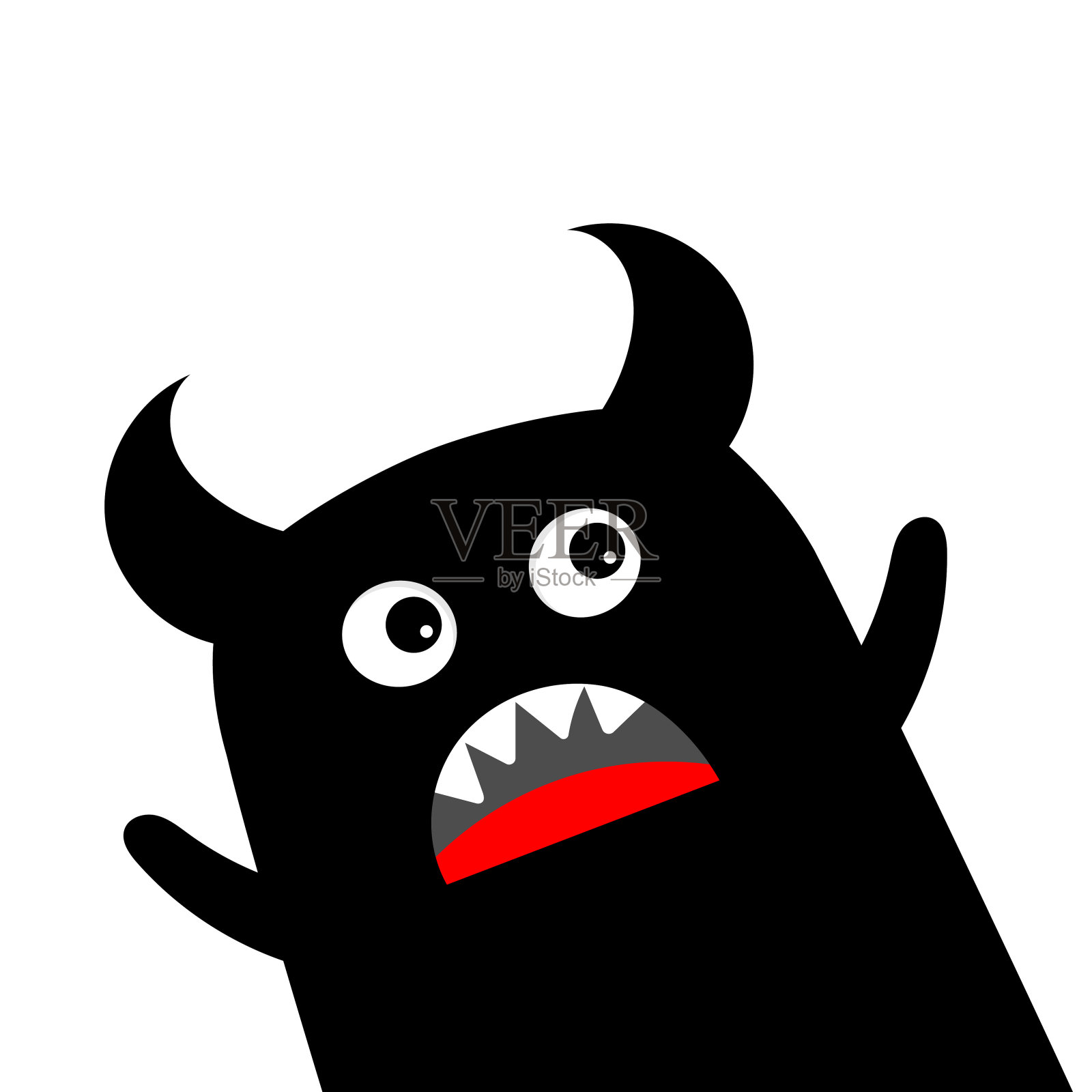 怪物在角落里挥手。万圣节快乐。卡哇伊可爱的卡通宝宝。滑稽的脸，头，身体。角，尖牙，舌头。黑色的轮廓。平面设计。白色背景。插画图片素材