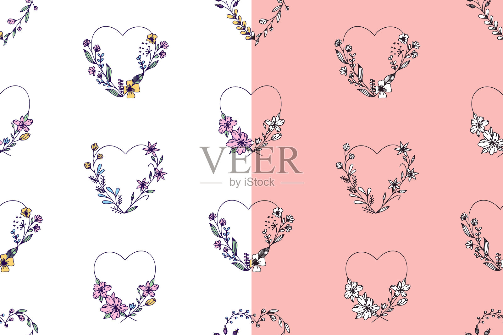 一套手绘无缝图案与心插画图片素材