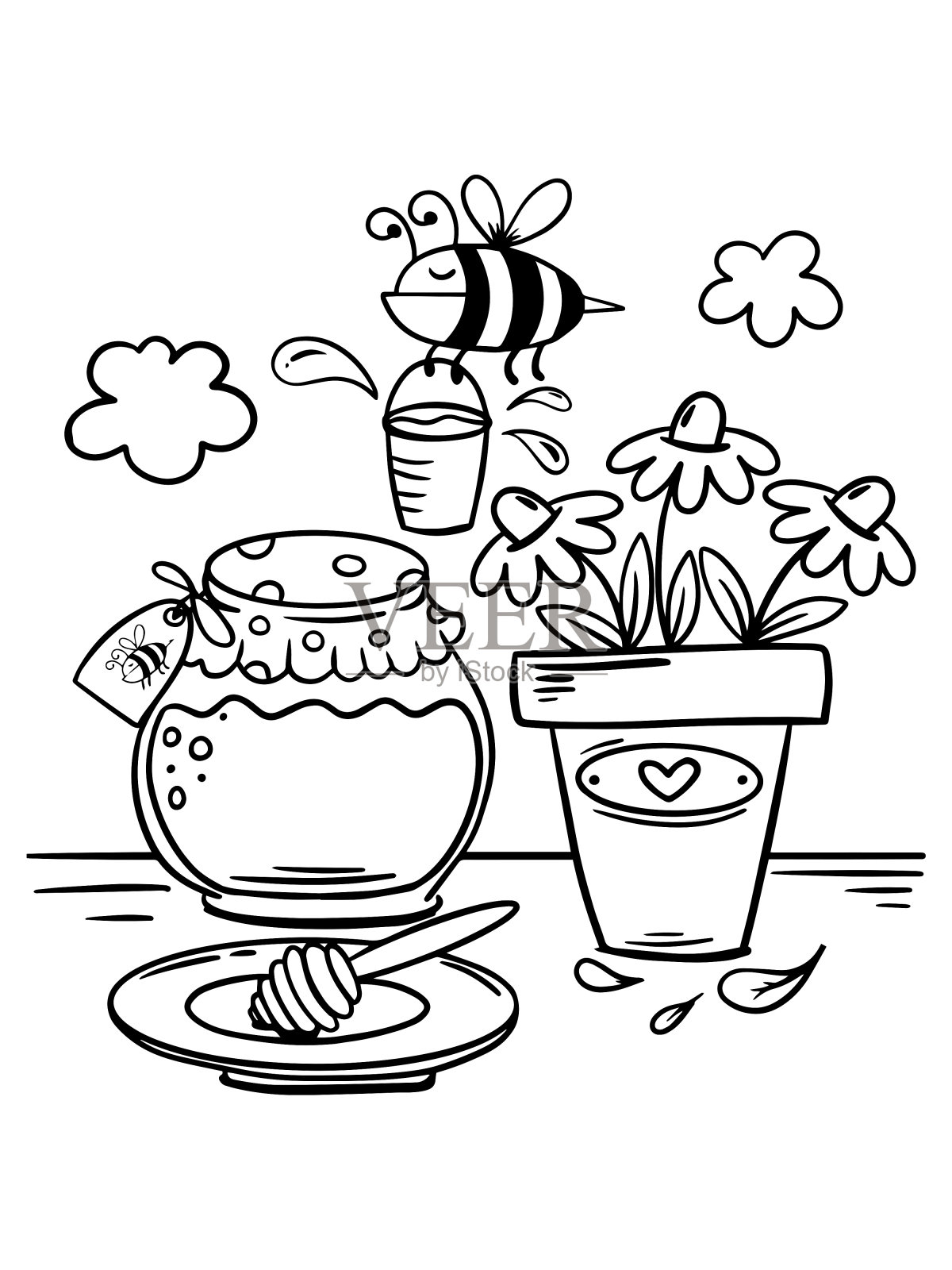 蜂蜜和花朵轮廓插图。秋天着色页面。插画图片素材