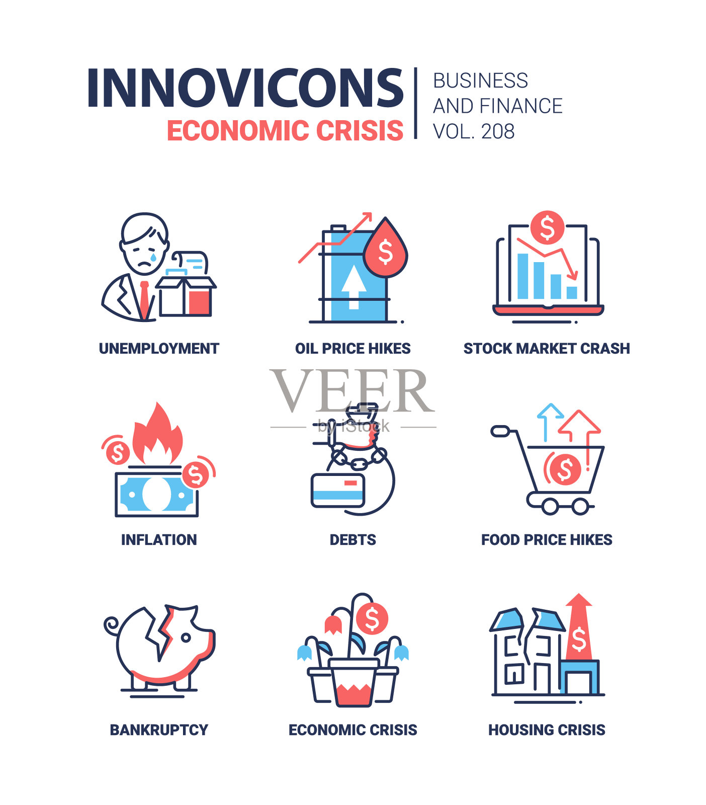 经济危机-现代线条设计风格图标集插画图片素材