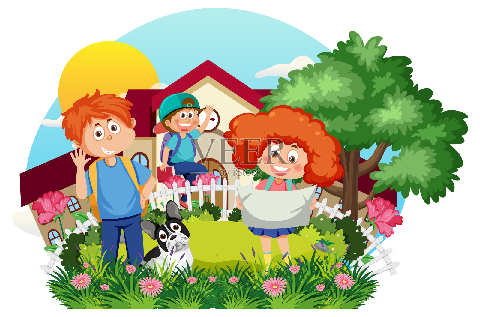 后院快乐的孩子们插画图片素材