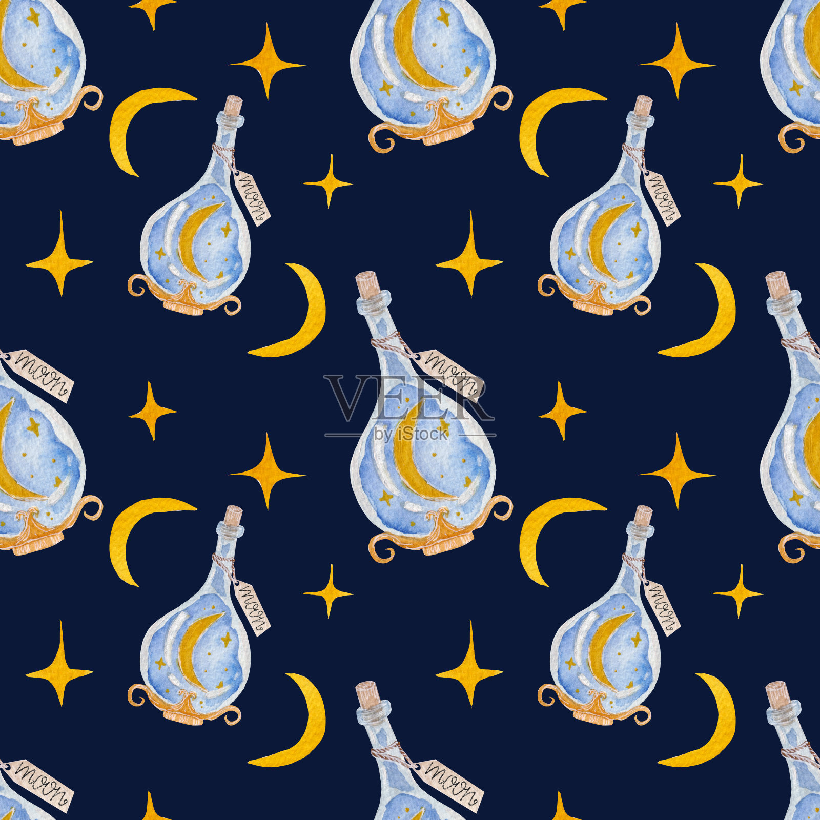 明亮的水彩无缝图案，魔瓶与月亮药水，星星在黑暗的背景。插画图片素材