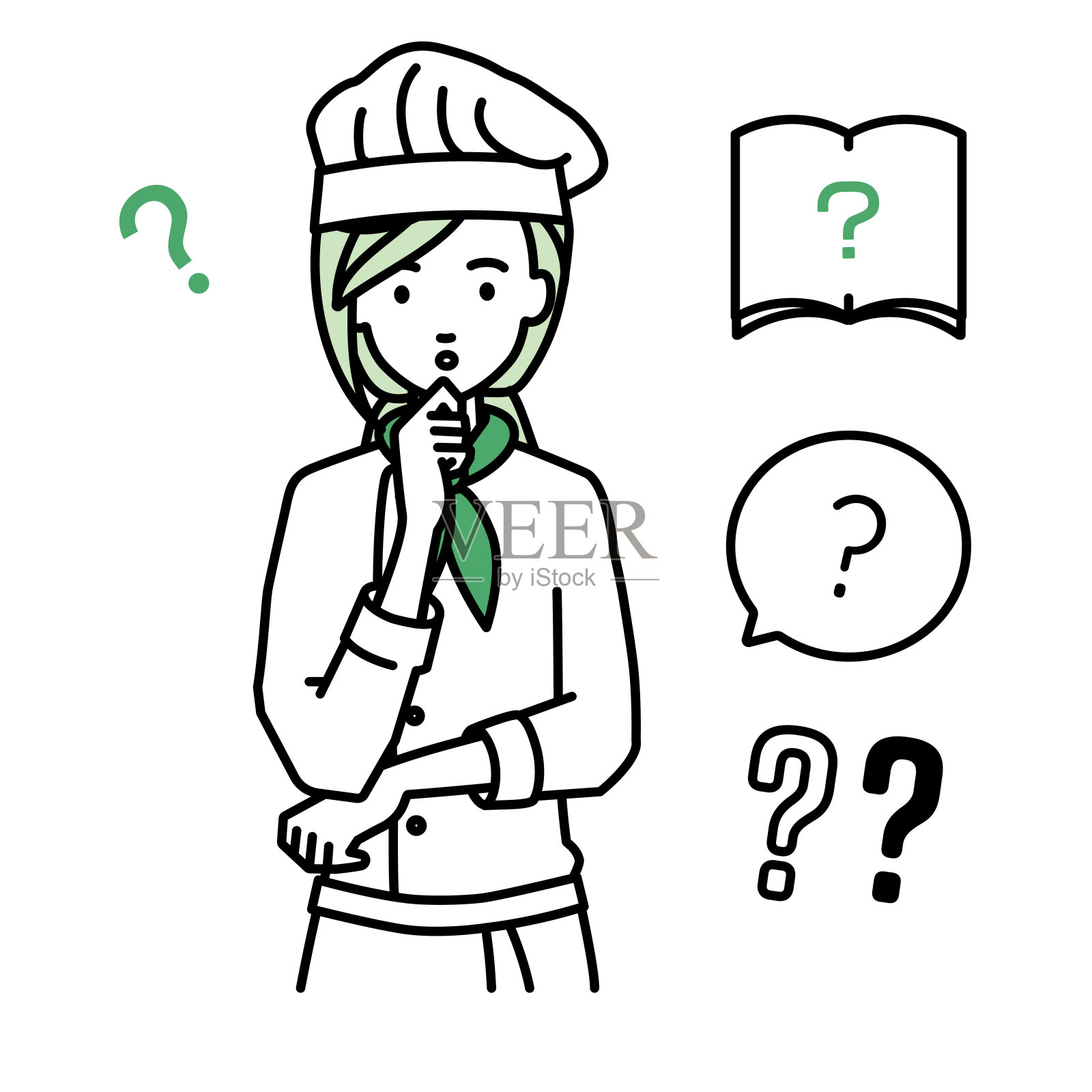 一个女厨师拿着一个问题站在她的手指在她的下巴问号设置插画图片素材