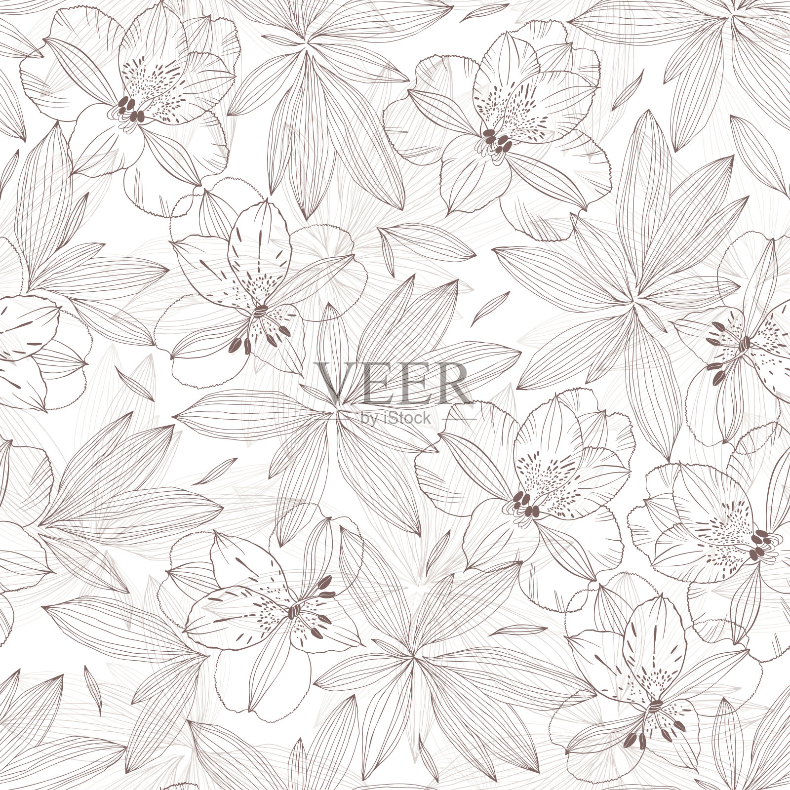白色的无缝矢量图案与花和叶。花的抽象背景。线的艺术。适合墙纸，包装，织物和纺织品。插画图片素材