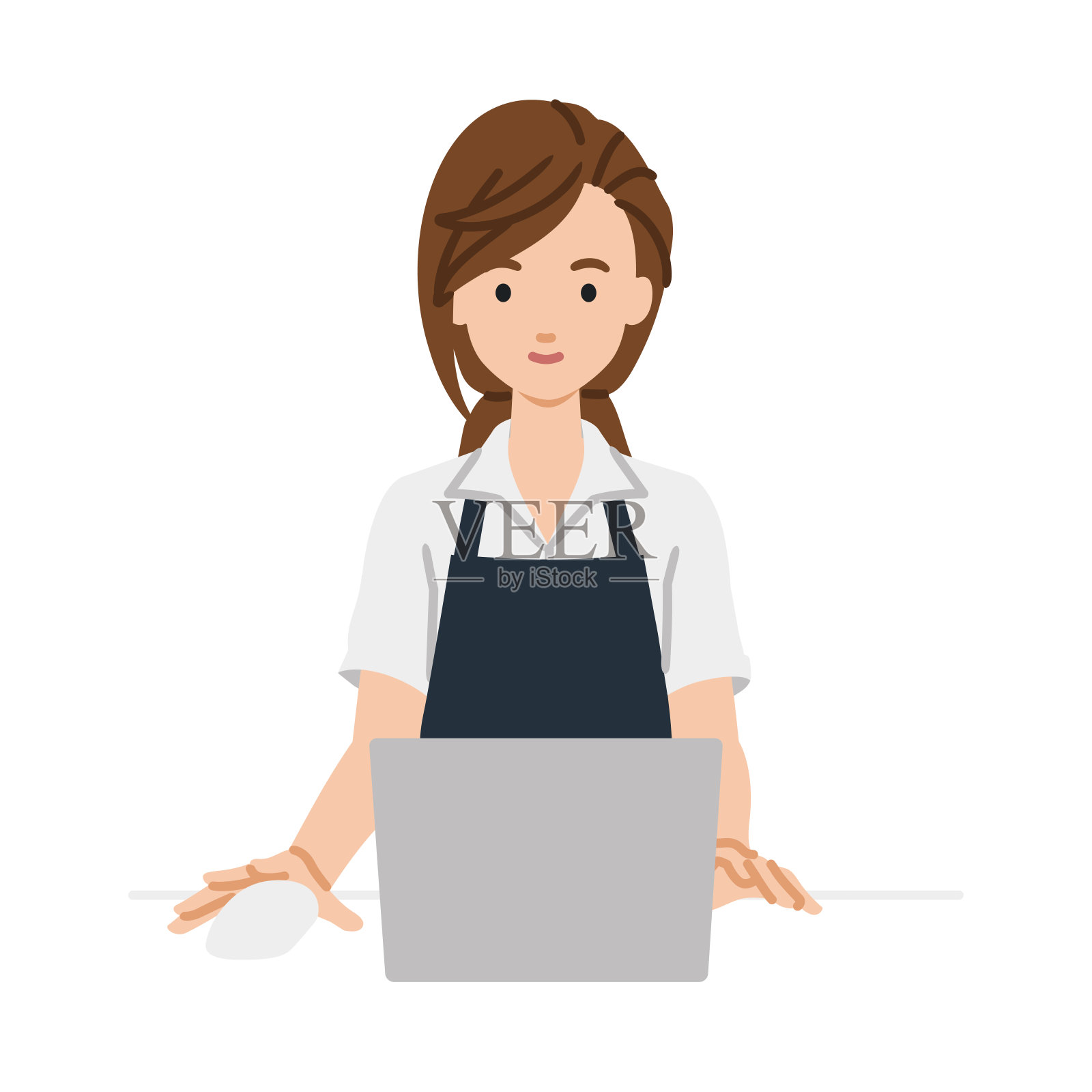 一个穿着咖啡围裙的女人在她的桌子上使用笔记本电脑插画图片素材
