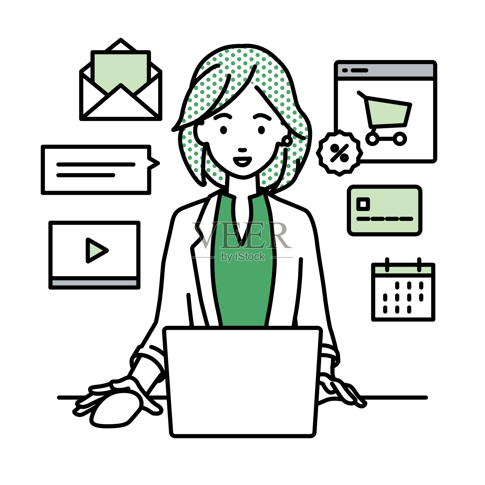 一名穿着工装外套的女性正在使用笔记本电脑浏览网站、数字营销、支付、管理网上商店以及在办公桌前为顾客提供服务插画图片素材