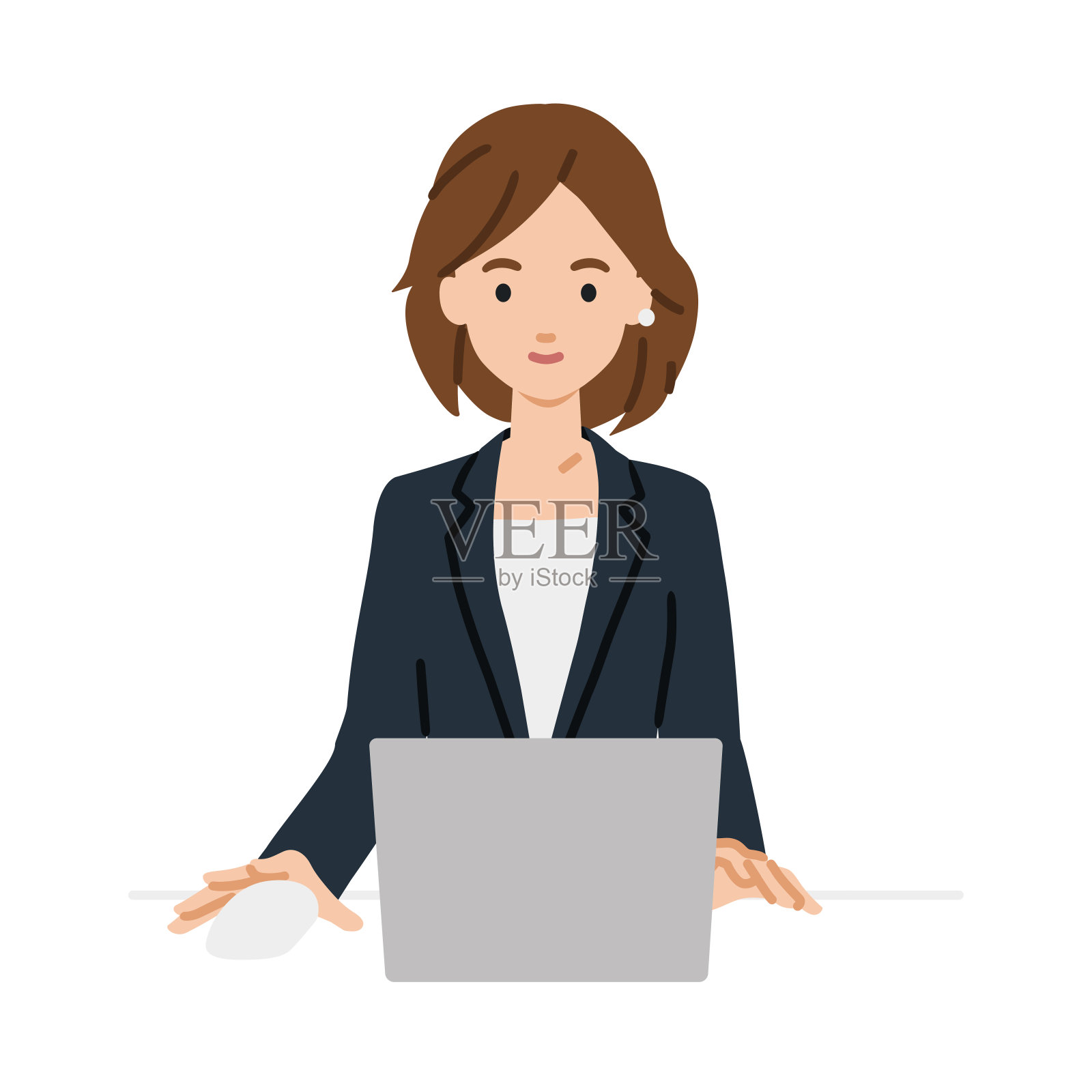 一位身着西装的女士在办公桌前使用笔记本电脑插画图片素材
