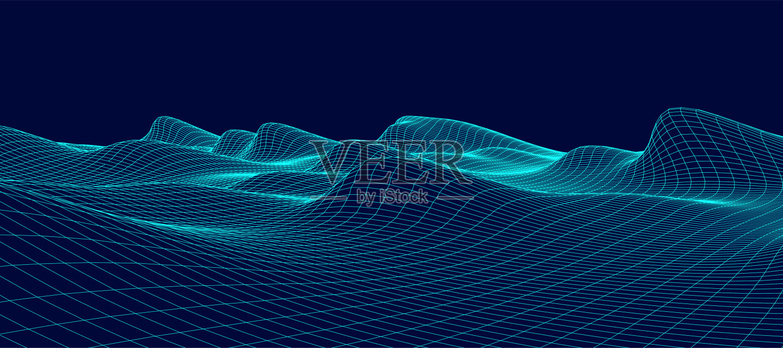 数字景观线框。线框地形多边形景观设计。数字网络空间在有山谷的山区。矢量插图。插画图片素材