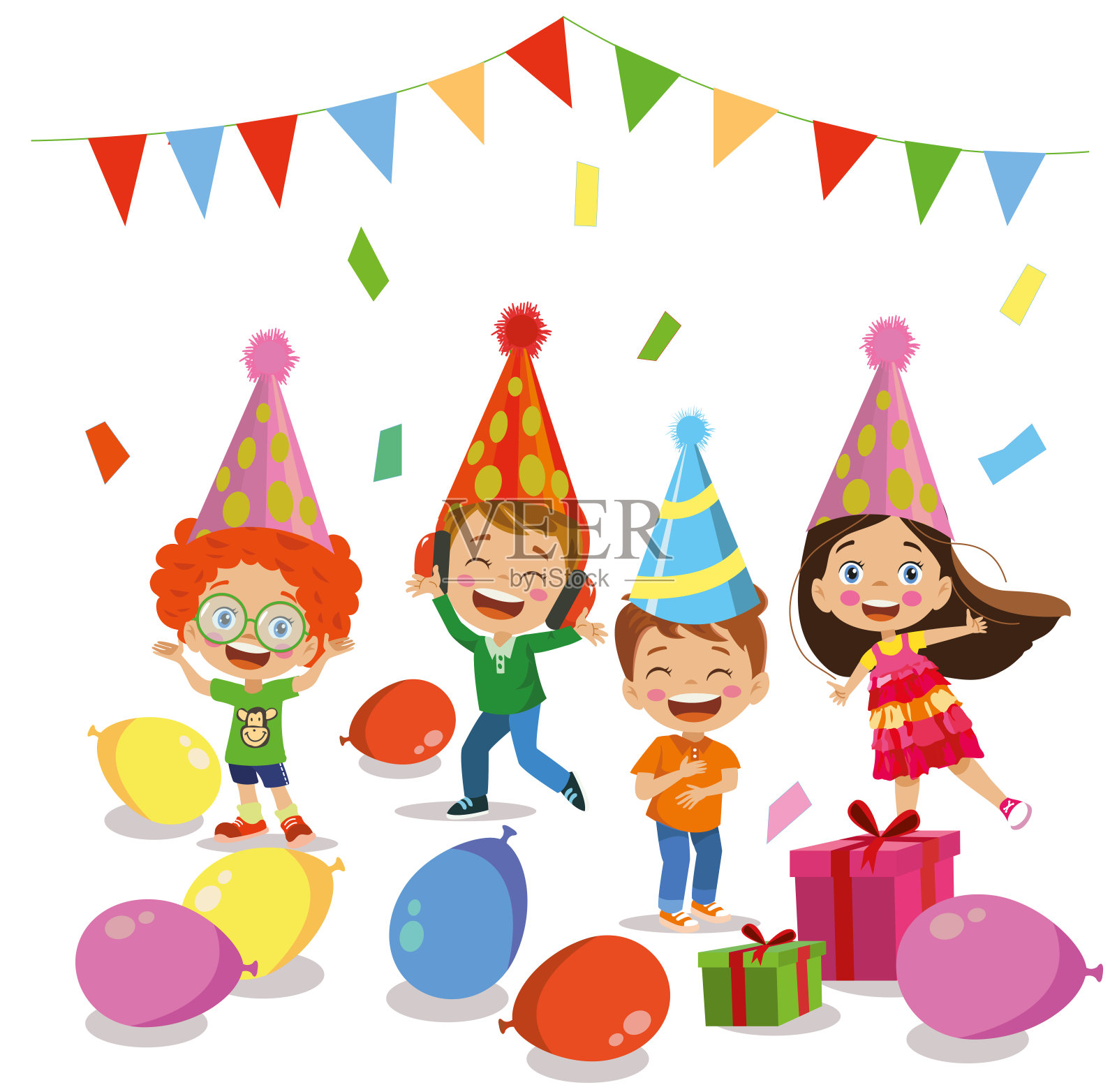 生日派对，生日蛋糕和欢笑的孩子们玩得很开心插画图片素材