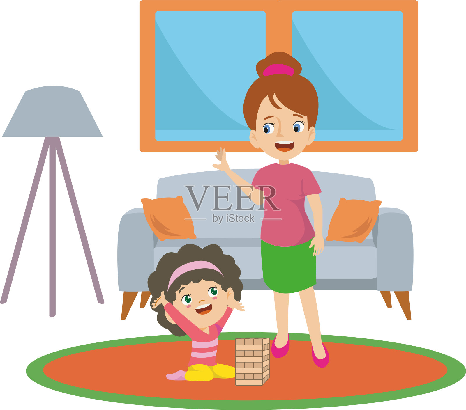 母亲和女儿玩骰子游戏插画图片素材