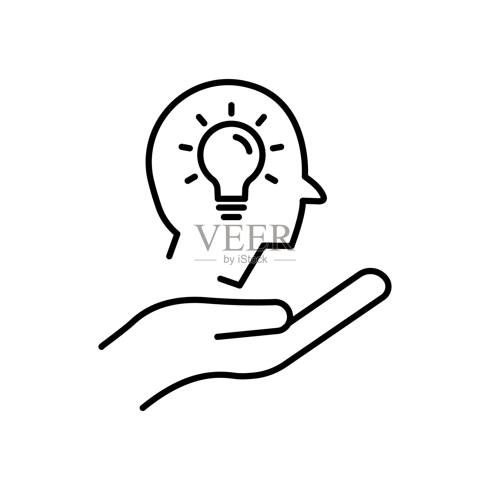 手线图标与头和灯泡。新想法的概念。创意的过程。可编辑的中风。简单的插画移动概念和网页设计。设计模板向量插画图片素材