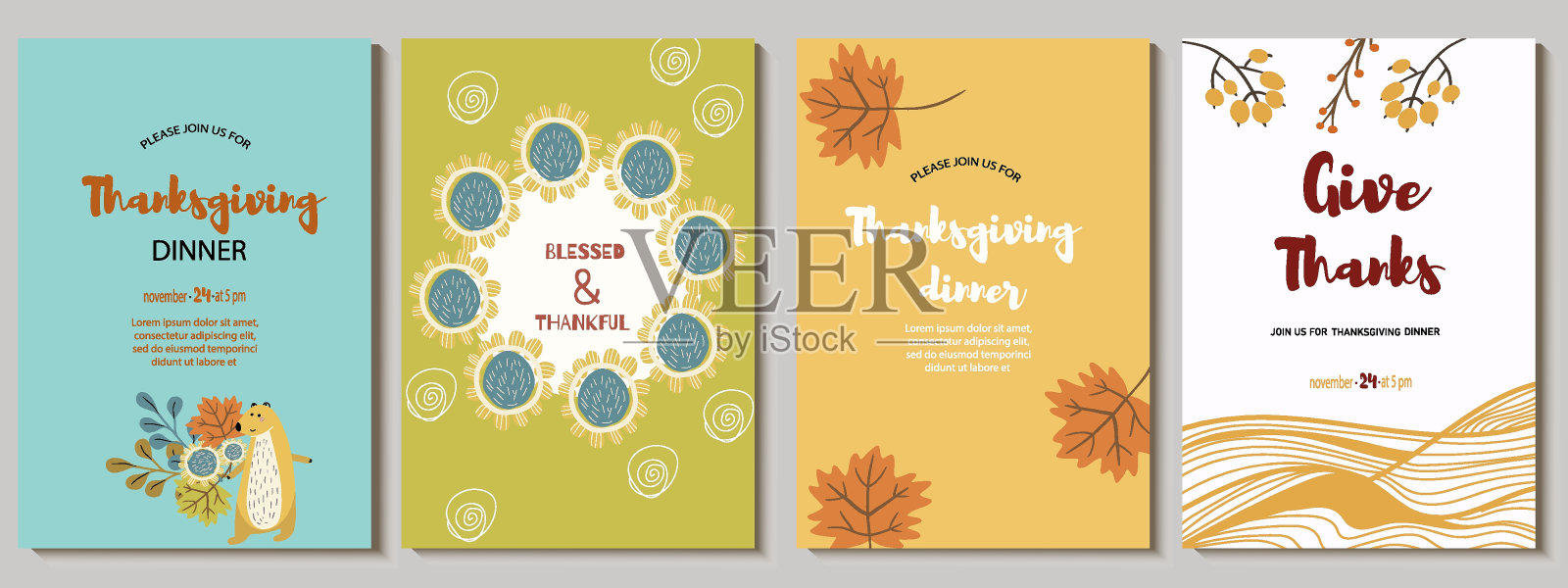 一套邀请，菜单，卡片设计与抽象的花朵，芽，水果，斑点，浆果，秋天的调色板，熊的特点与花束。适合感恩节晚餐或秋季生日。向量插画图片素材