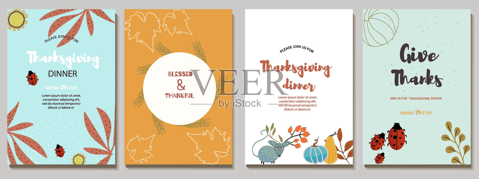 一套邀请，菜单，卡片设计与鼠标，南瓜，瓢虫，抽象的花朵，墨汁，秋天的调色板。适合感恩节晚餐或秋季生日。矢量插图。插画图片素材