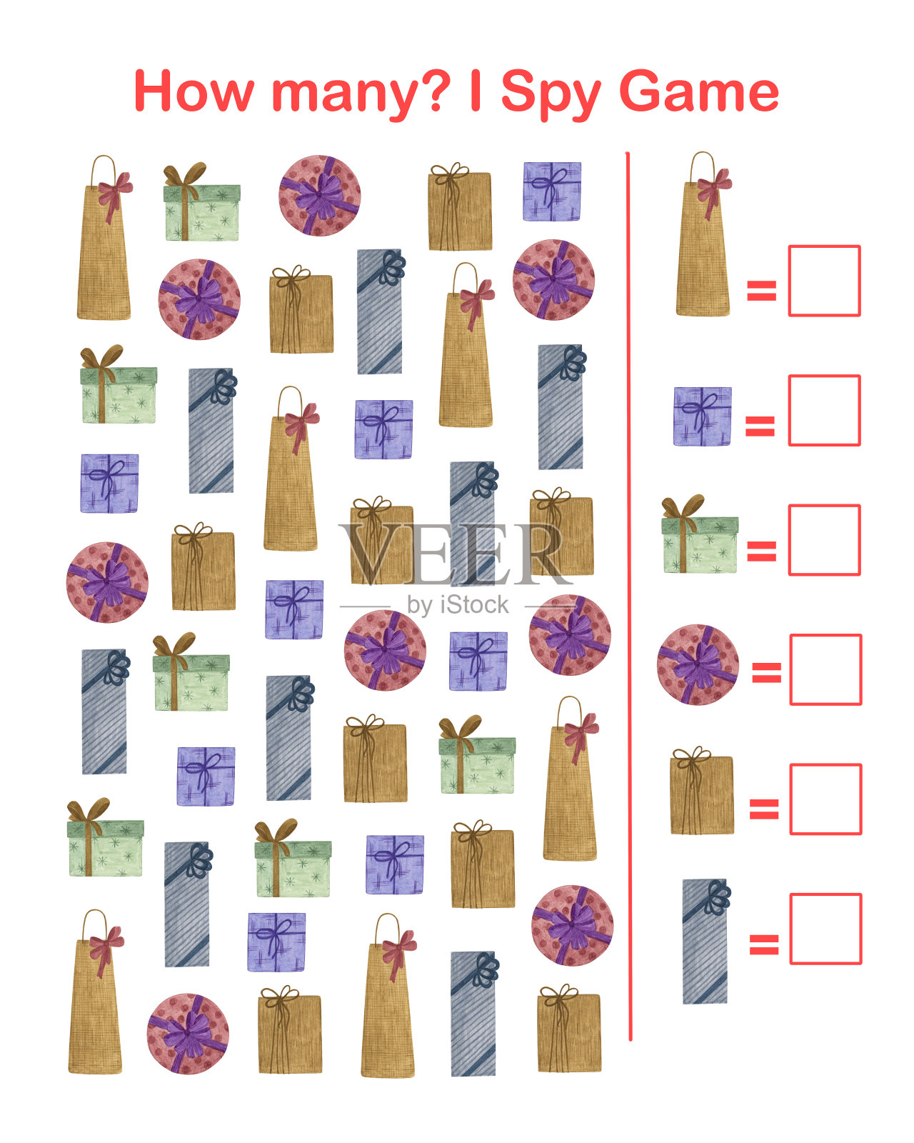 圣诞节我的间谍，多少计数教育游戏的孩子与秋天的元素，水彩插画，教育益智，打印工作表的孩子，休闲或学习游戏，教师资源插画图片素材