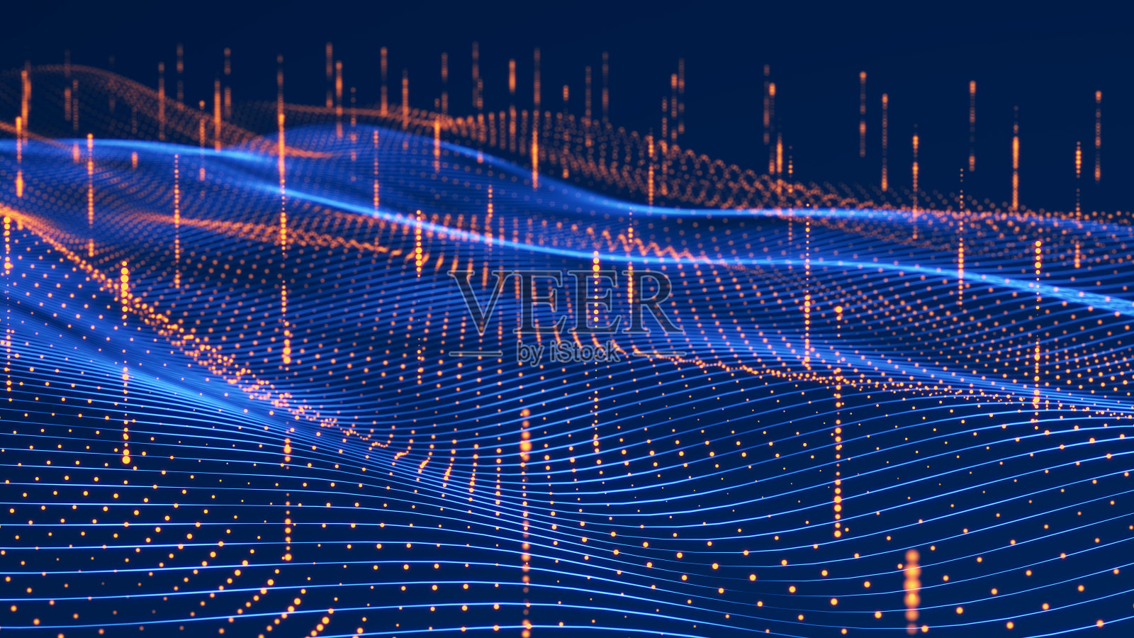 颗粒流。蓝色波背景和许多发光粒子。信息技术背景。3 d渲染。照片摄影图片