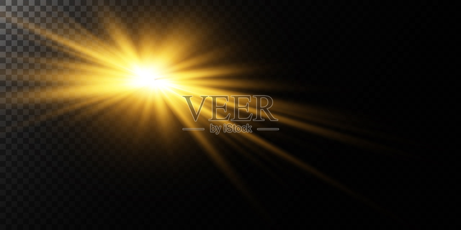 金色的星星，在黑色背景上，发光和光线的效果，发光的灯，太阳。矢量。插画图片素材