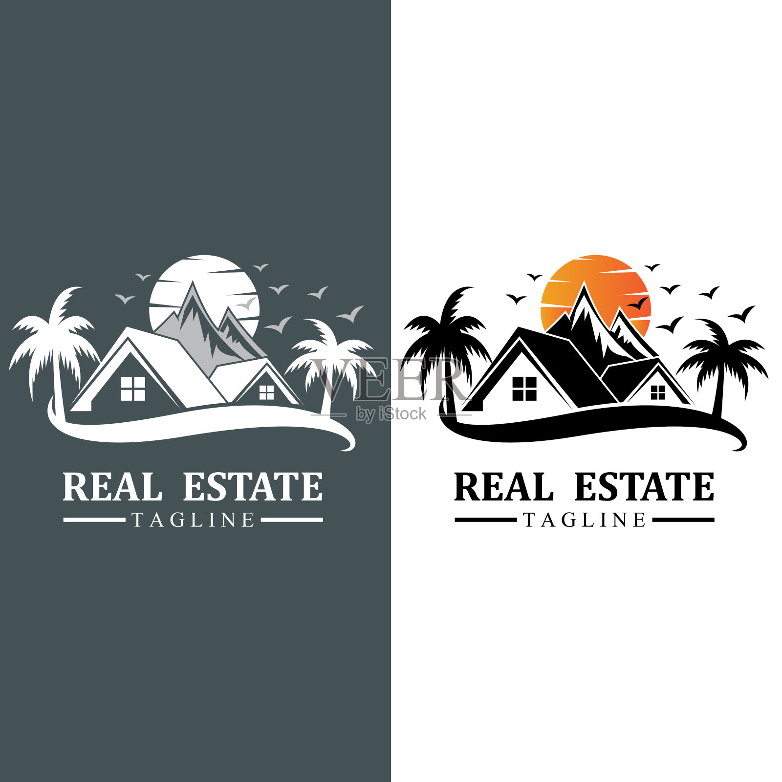 房地产标志设计图标与太阳和鸟免费插画图片素材