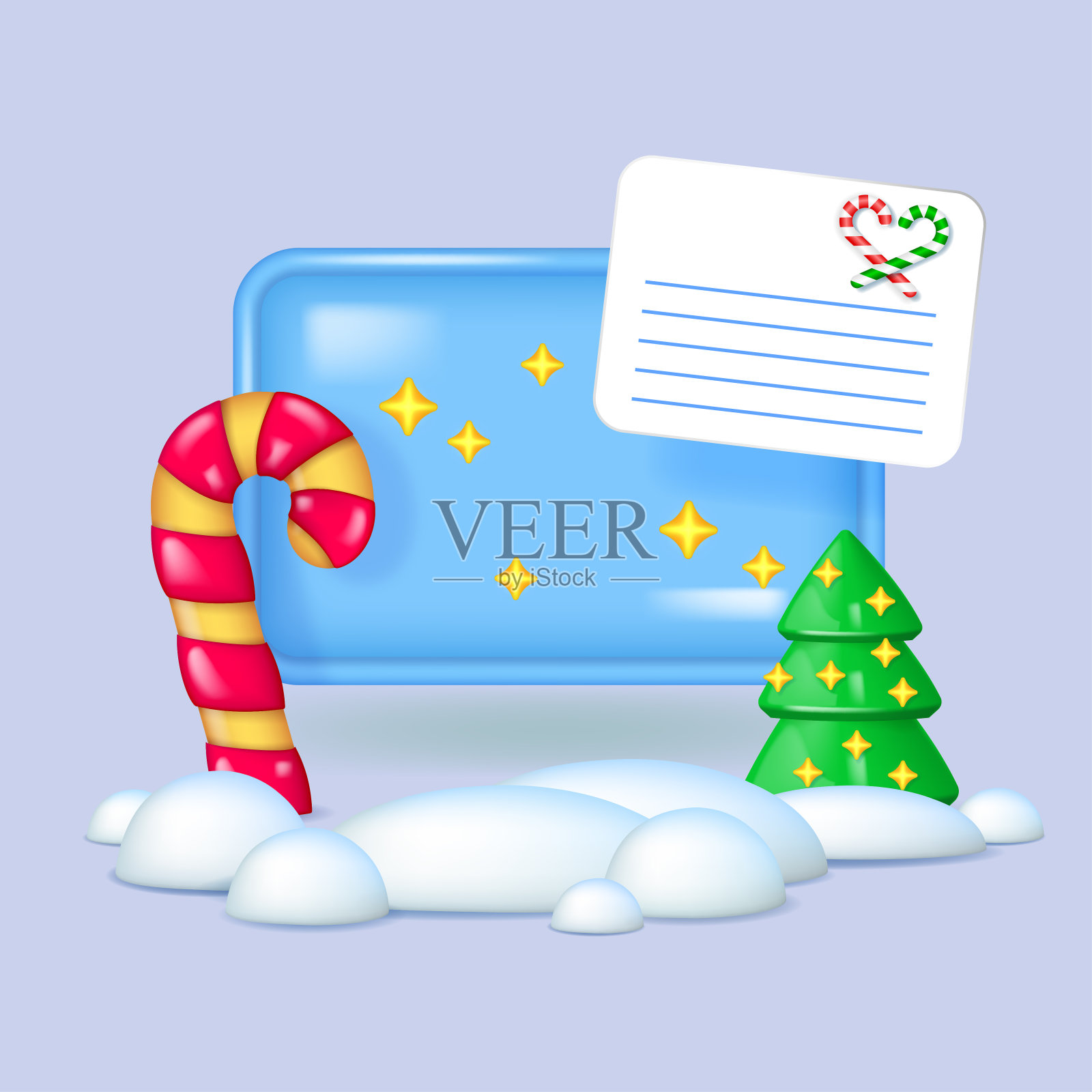 圣诞树、条纹拐杖糖和手机屏幕上的纸信插画图片素材