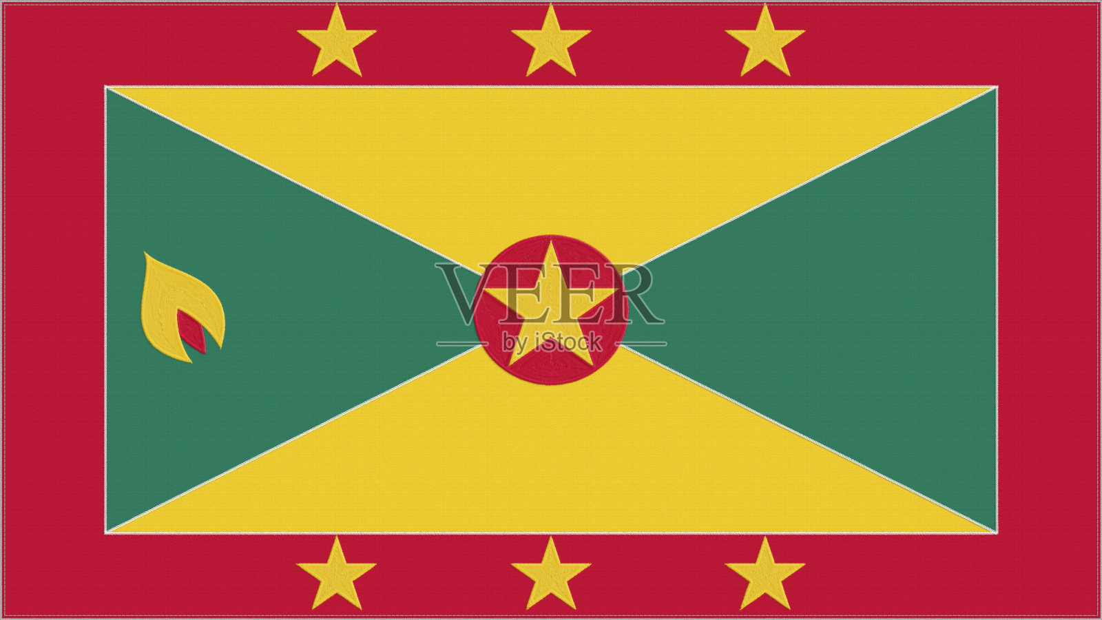 手榴弹刺绣国旗。格林纳达徽章缝织物。刺绣的盾形纹章。国家标志纺织品背景。照片摄影图片