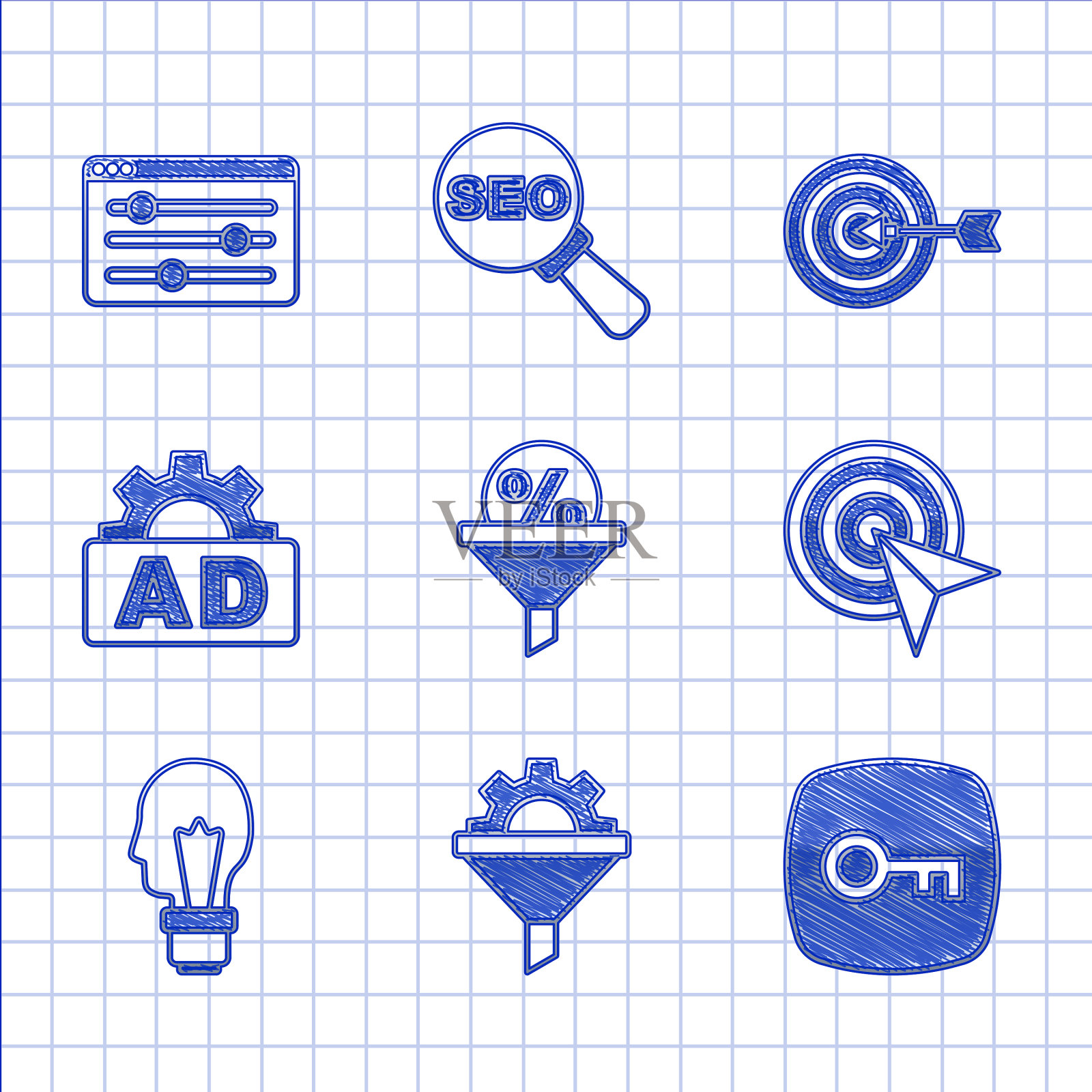 用齿轮钥匙设置销售漏斗图标素材