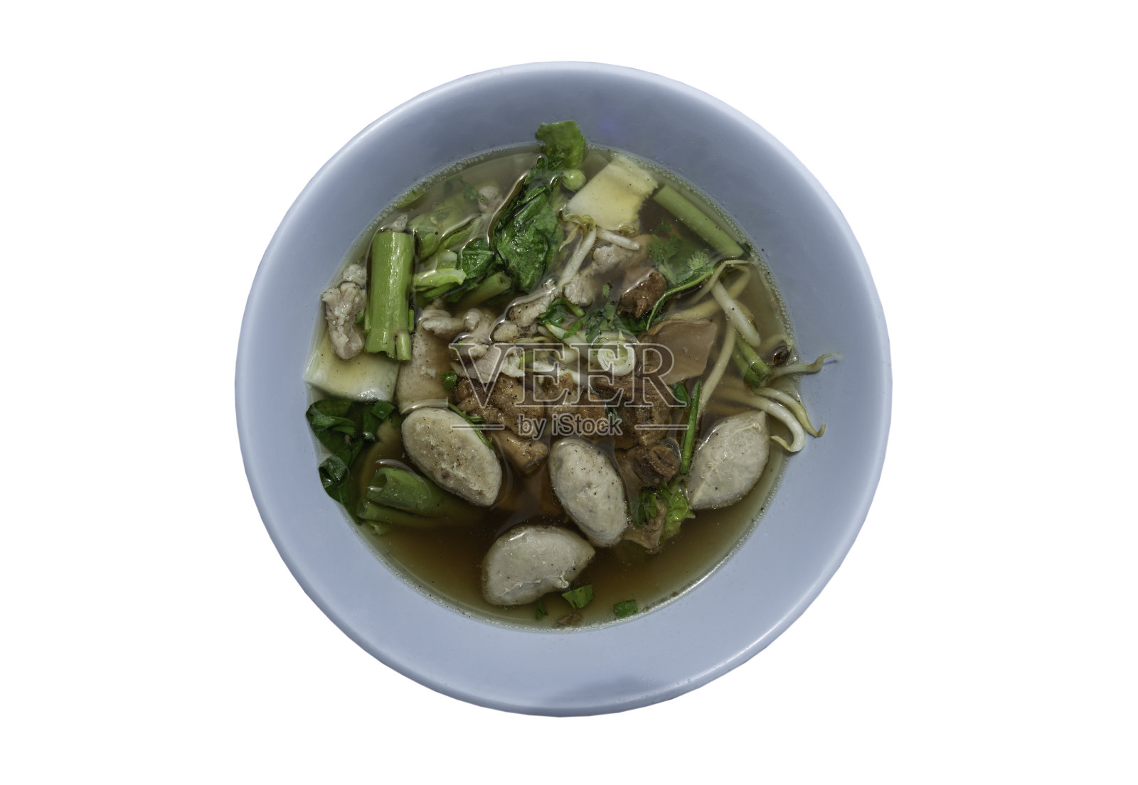 红烧肉、鲜猪肉、猪肉丸子、牵牛花、豆芽汤。照片摄影图片