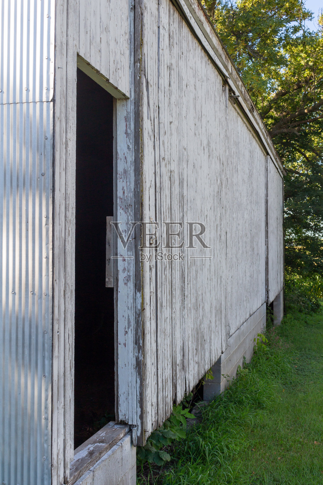 破旧的棚子墙上挂着一扇古老的木门照片摄影图片