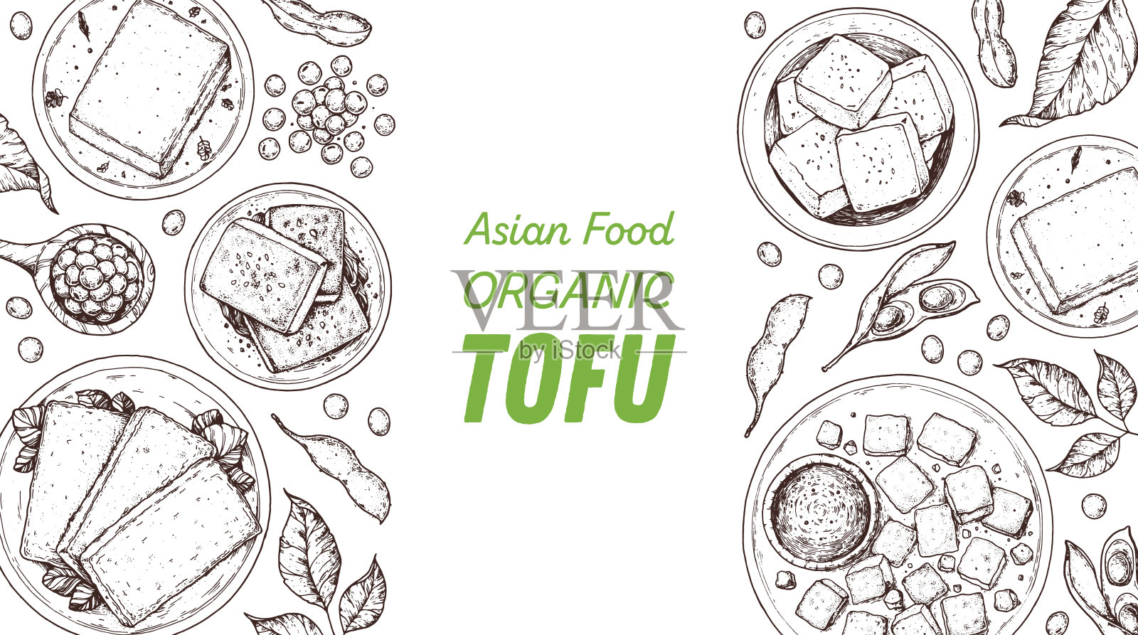 豆腐顶视图框架。手绘矢量插图。豆腐草图。亚洲食品。大豆草图。豆腐烹饪。素食食物。复古设计模板。产品设计。非常适合包装，食谱书，菜单。插画图片素材