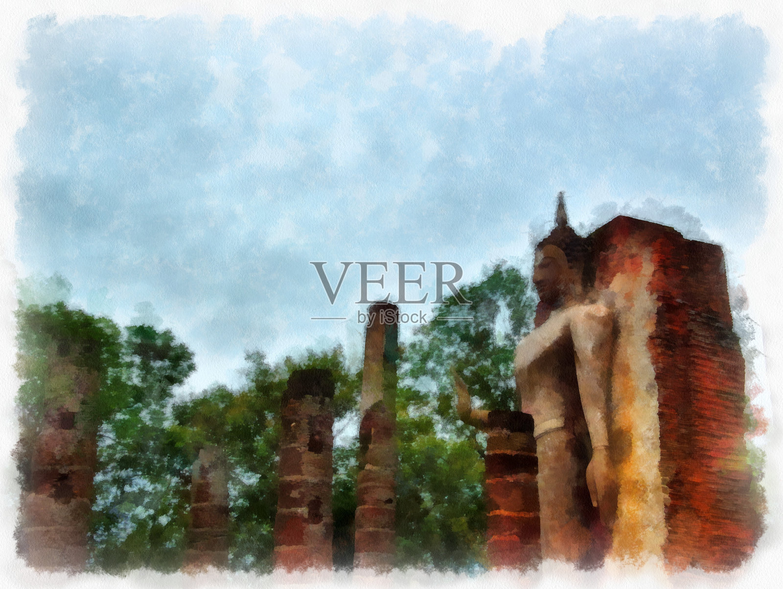 苏可泰古遗址世界遗产水彩风格插画印象派绘画。插画图片素材