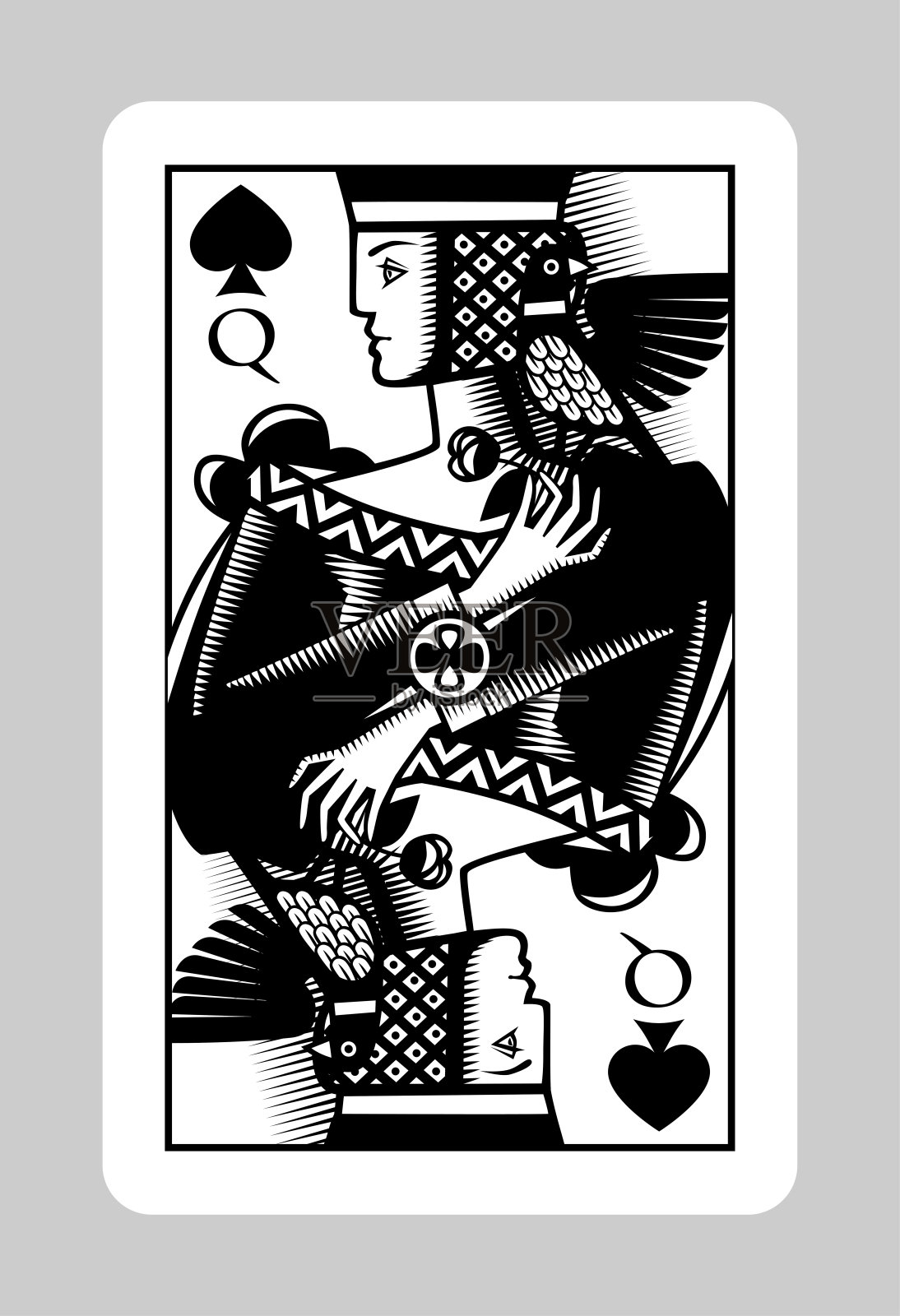 黑桃皇后打牌在老式雕刻风格插画图片素材