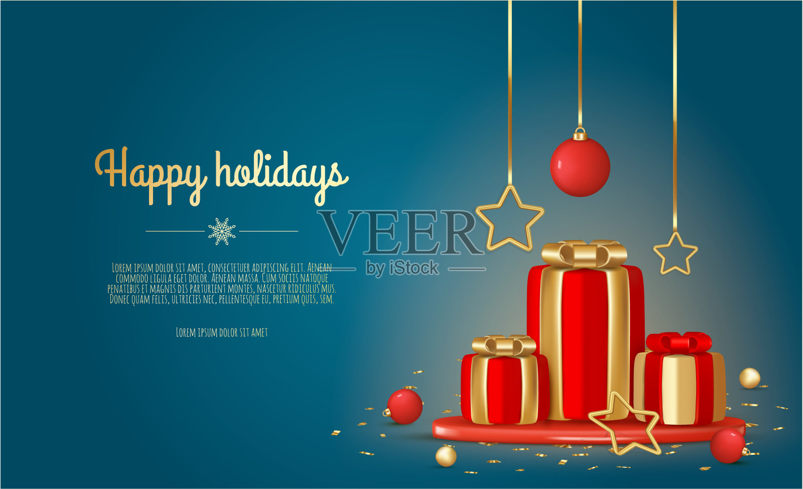 圣诞节的旗帜。背景圣诞设计与现实的礼品盒，闪亮的金色彩纸。插画图片素材