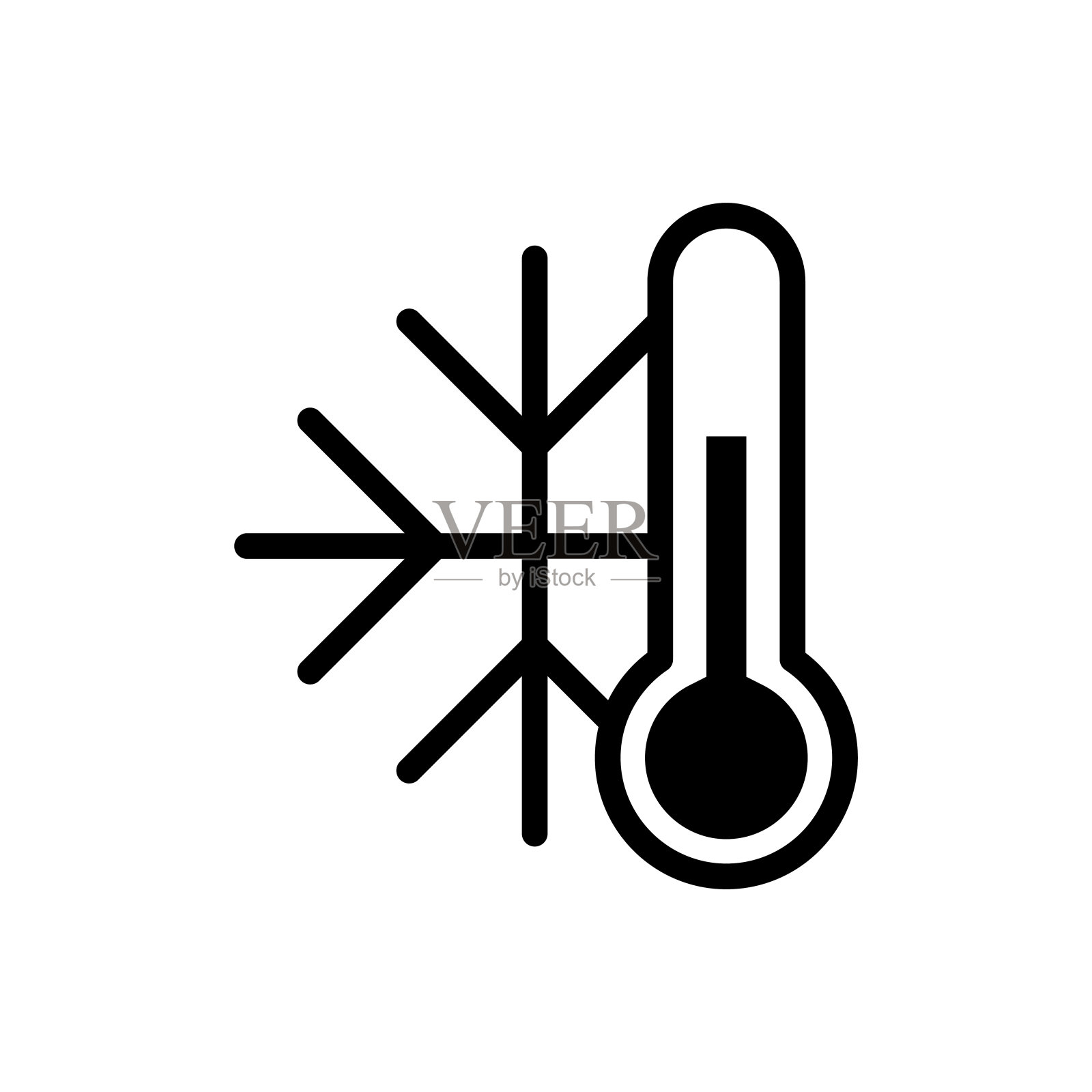 简单的天气图标与温度计和雪花在直线风格矢量插图。概念轮廓符号低霜冻温度插画图片素材