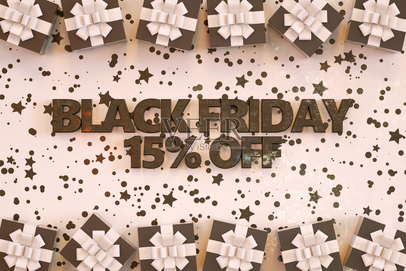 黑色星期五减价15%白色背景的礼品盒和装饰颗粒照片摄影图片