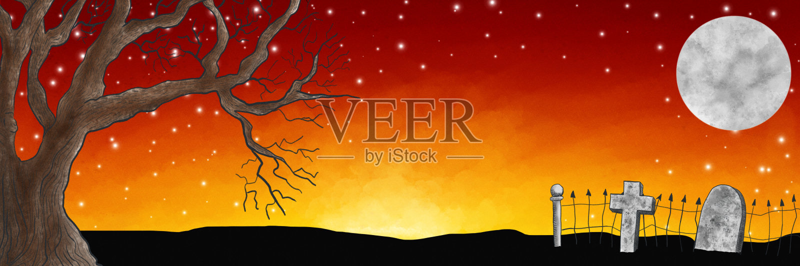 墓地上挂着满月的旗帜插画图片素材