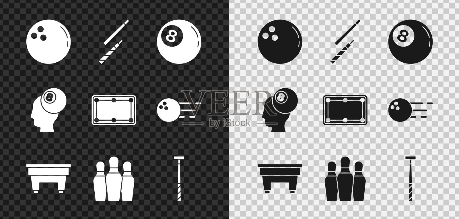 设置保龄球台球球杆台瓶和图标素材