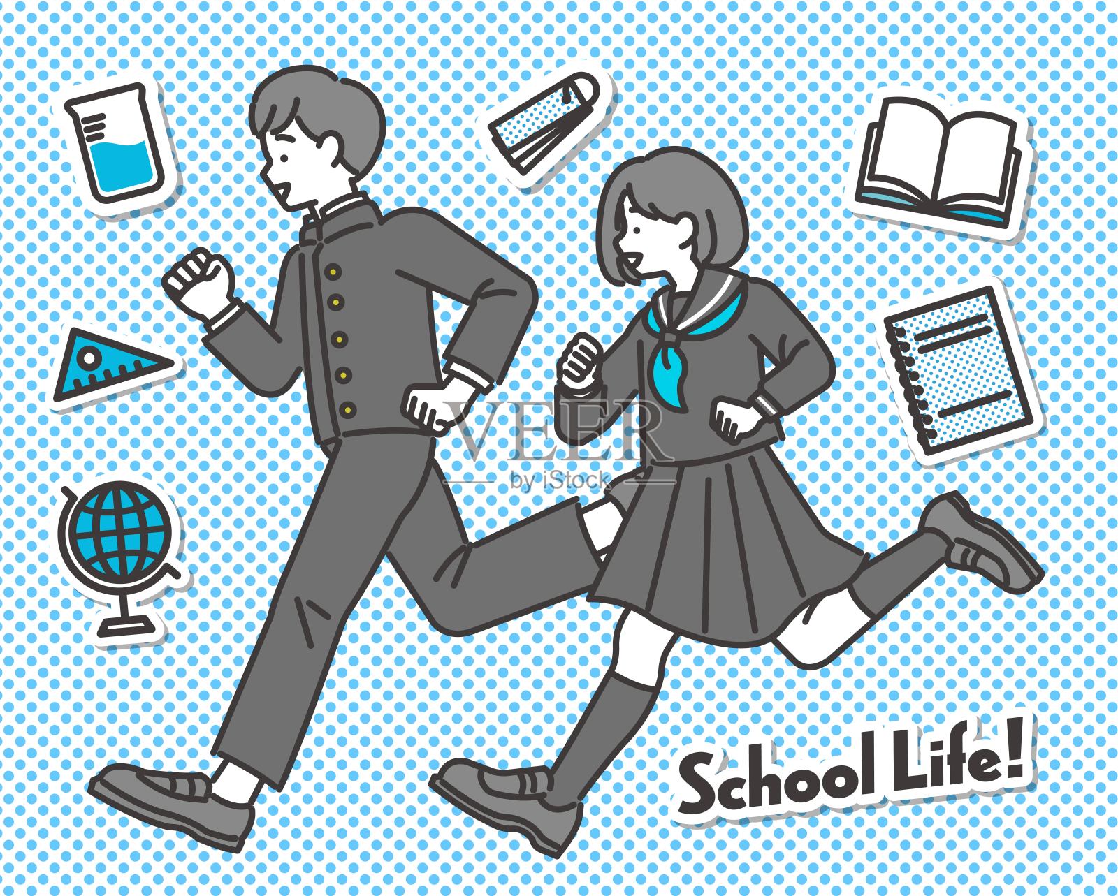 日本学生享受学校生活的矢量插画材料/校服/高中生/初中生/补习班/跑步/精力充沛插画图片素材