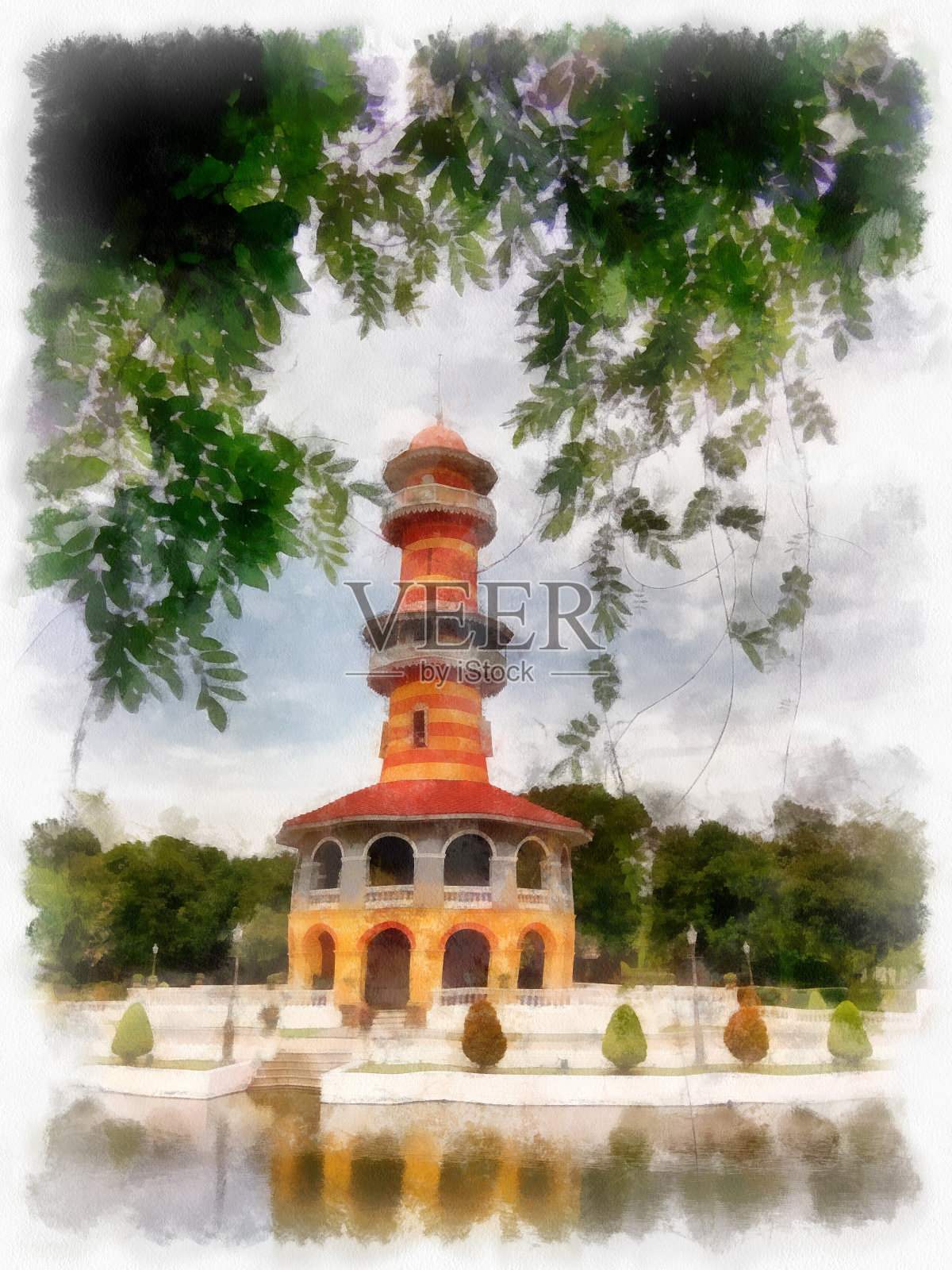 欧洲古代建筑景观塔水彩风格插画印象派绘画。插画图片素材