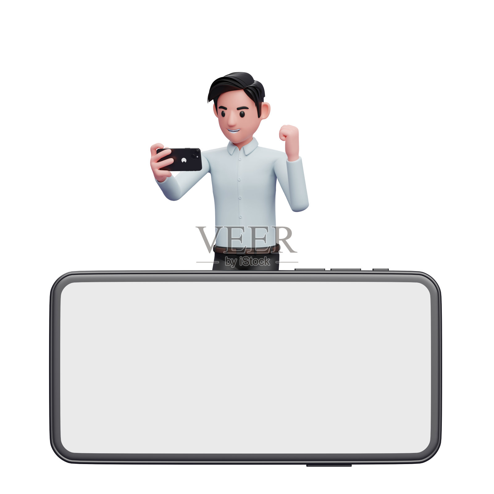 3D商人在蓝色衬衫庆祝，同时看着手机屏幕后面的大手机景观屏幕照片摄影图片