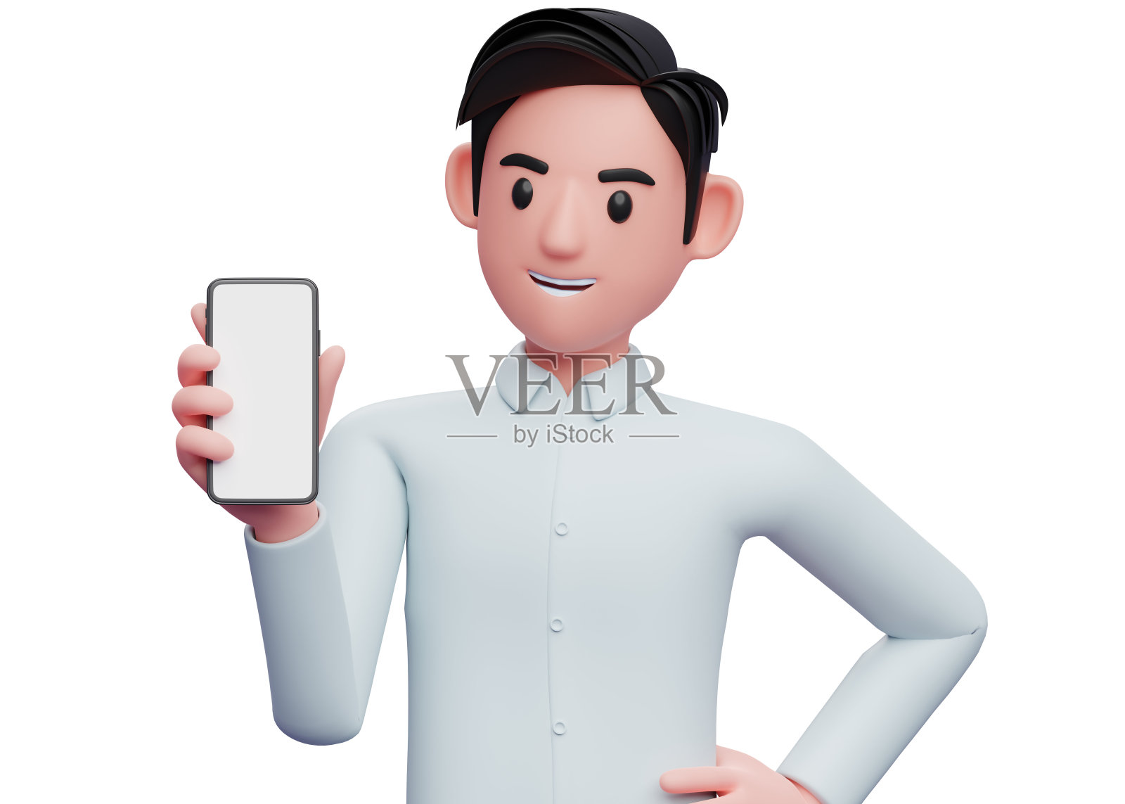 穿着蓝色衬衫的3d商人拿着手机，左手放在腰上照片摄影图片