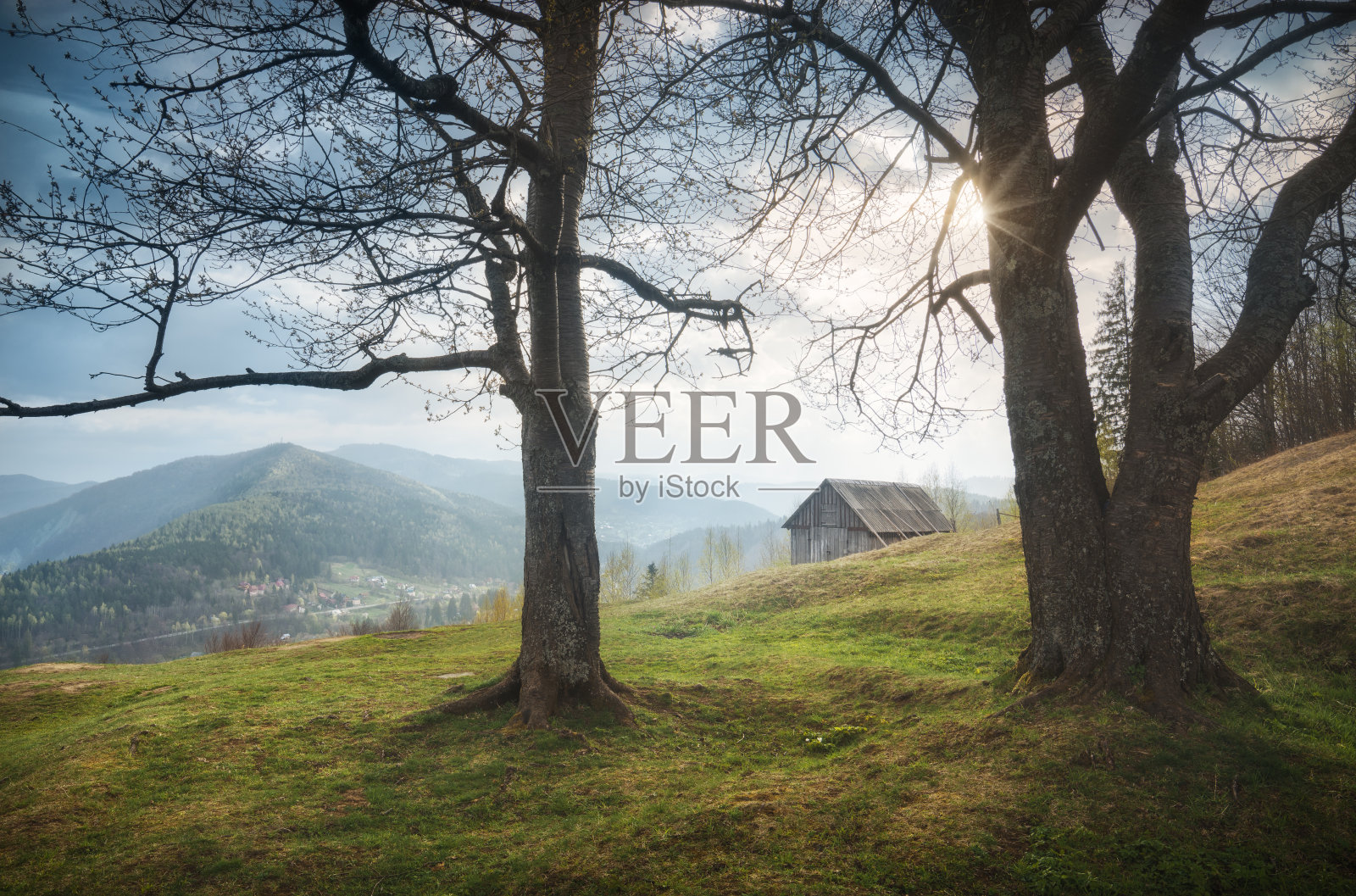 喀尔巴阡山脉村庄Yaremcha的日出照片摄影图片