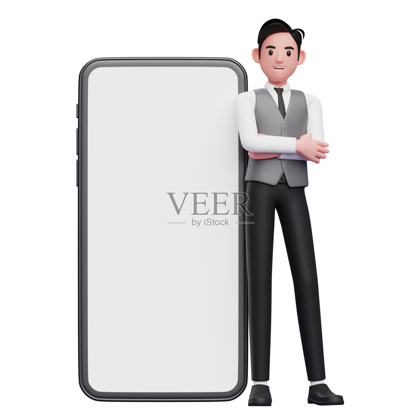 身穿灰色背心的3d商人双臂交叉，靠在白色大屏幕的手机上照片摄影图片