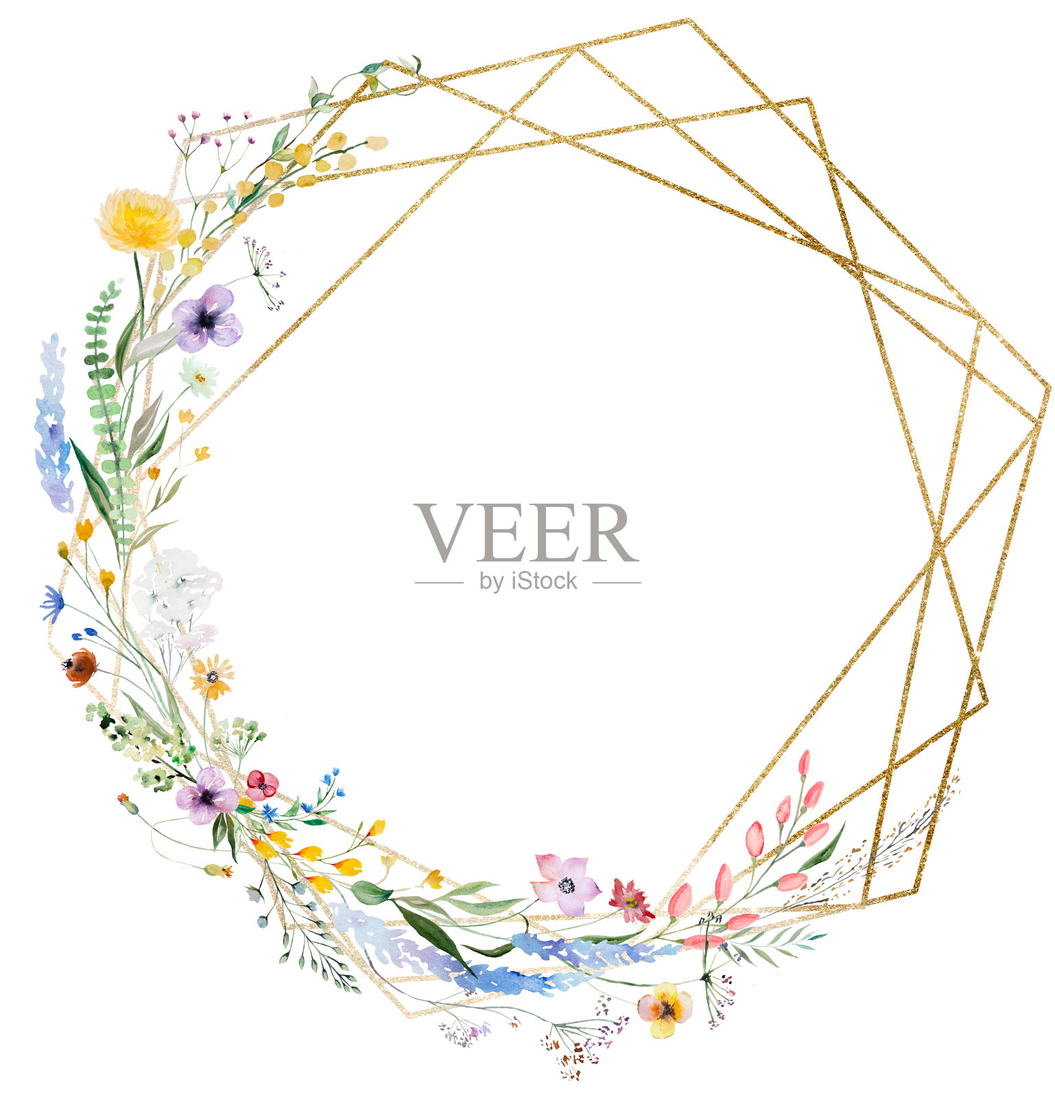 画框由水彩画的野花和叶子做成，婚礼和祝福插画插画图片素材