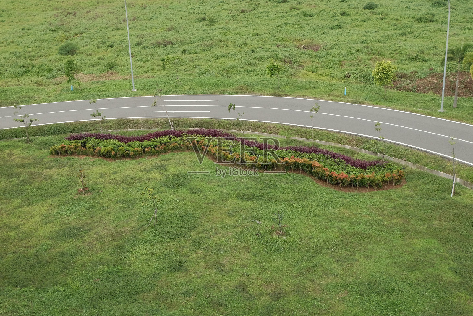 公园之间的柏油路，草坪绿油油照片摄影图片