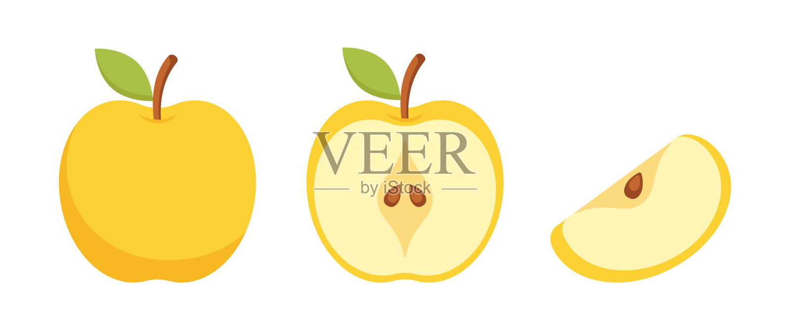 黄苹果卡通套装。整块，半块和一块。插画图片素材