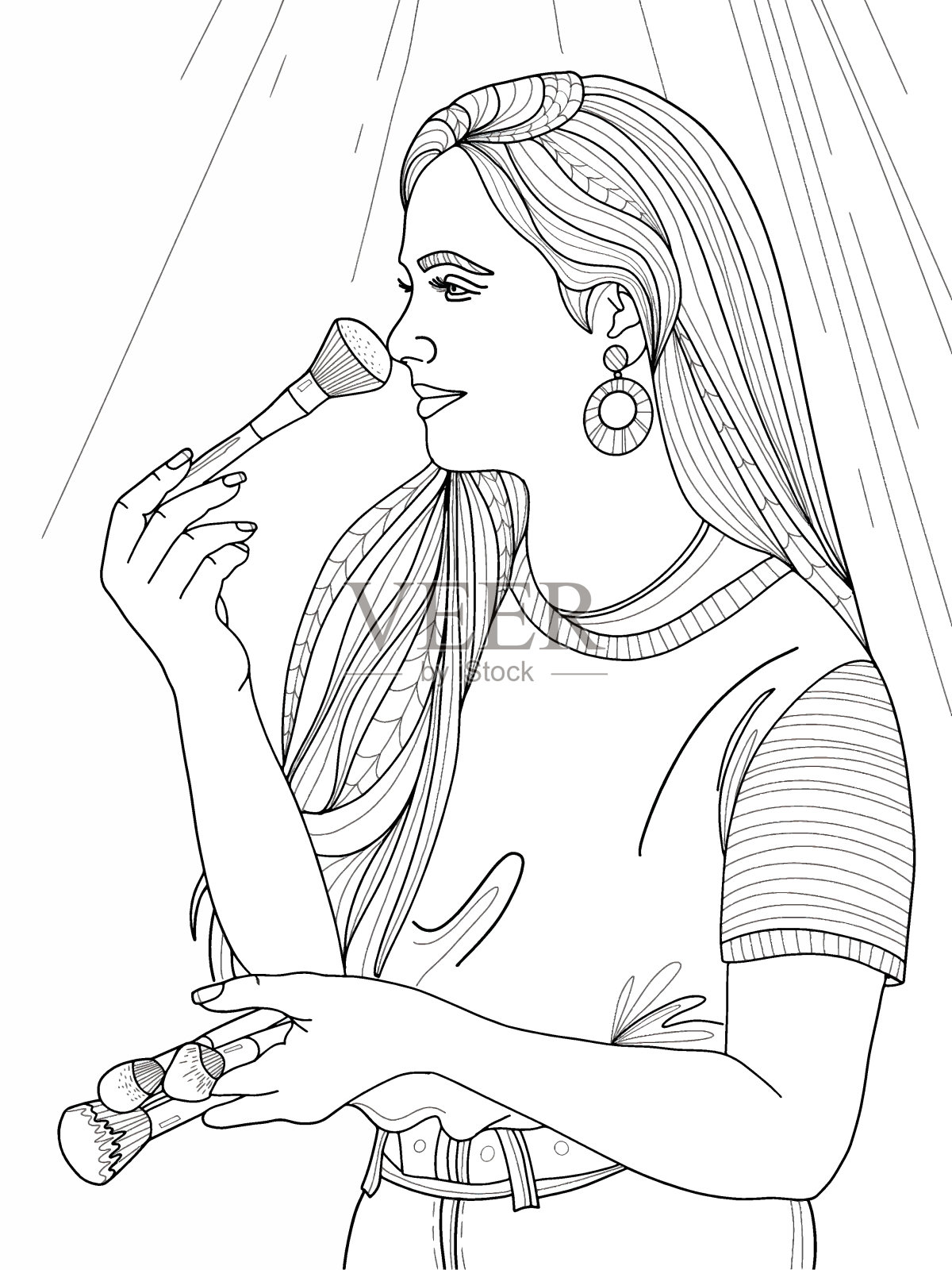 年轻的女孩长发与刷子做她自己的化妆插画涂鸦风格，时尚的公主涂色书，儿童和成人涂色页插画图片素材