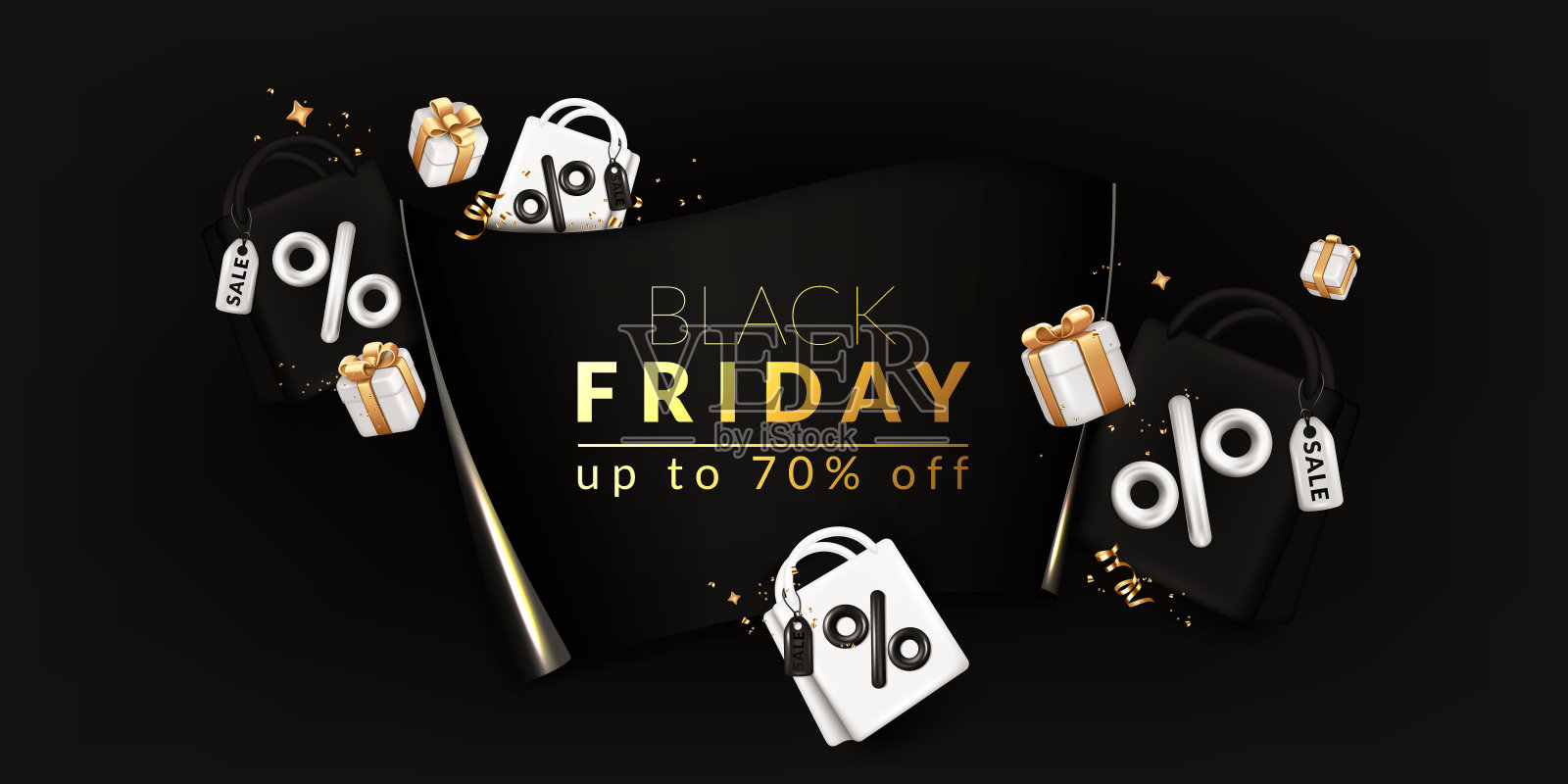 “黑色星期五”的概念。带纸横幅的卡片，礼品盒，购物袋，彩带和五彩纸屑。设计模板素材