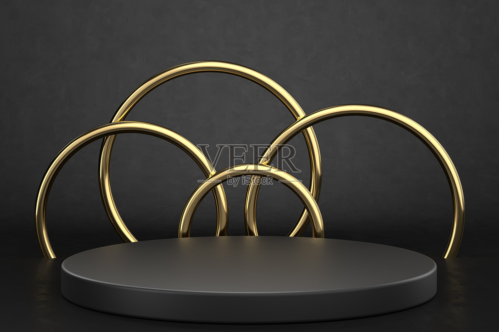 产品展示的复古创意模型。黑色平台上有金戒指。3 d渲染。照片摄影图片